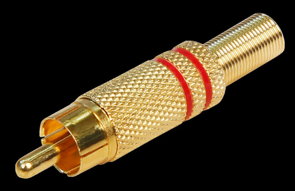 Cinch Stecker vergoldet rote Kennung mit Knickschutz