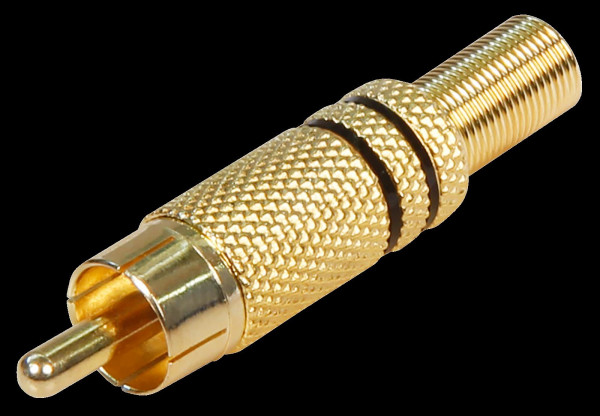 Cinch Stecker vergoldet schwarze Kennung mit Knickschutz